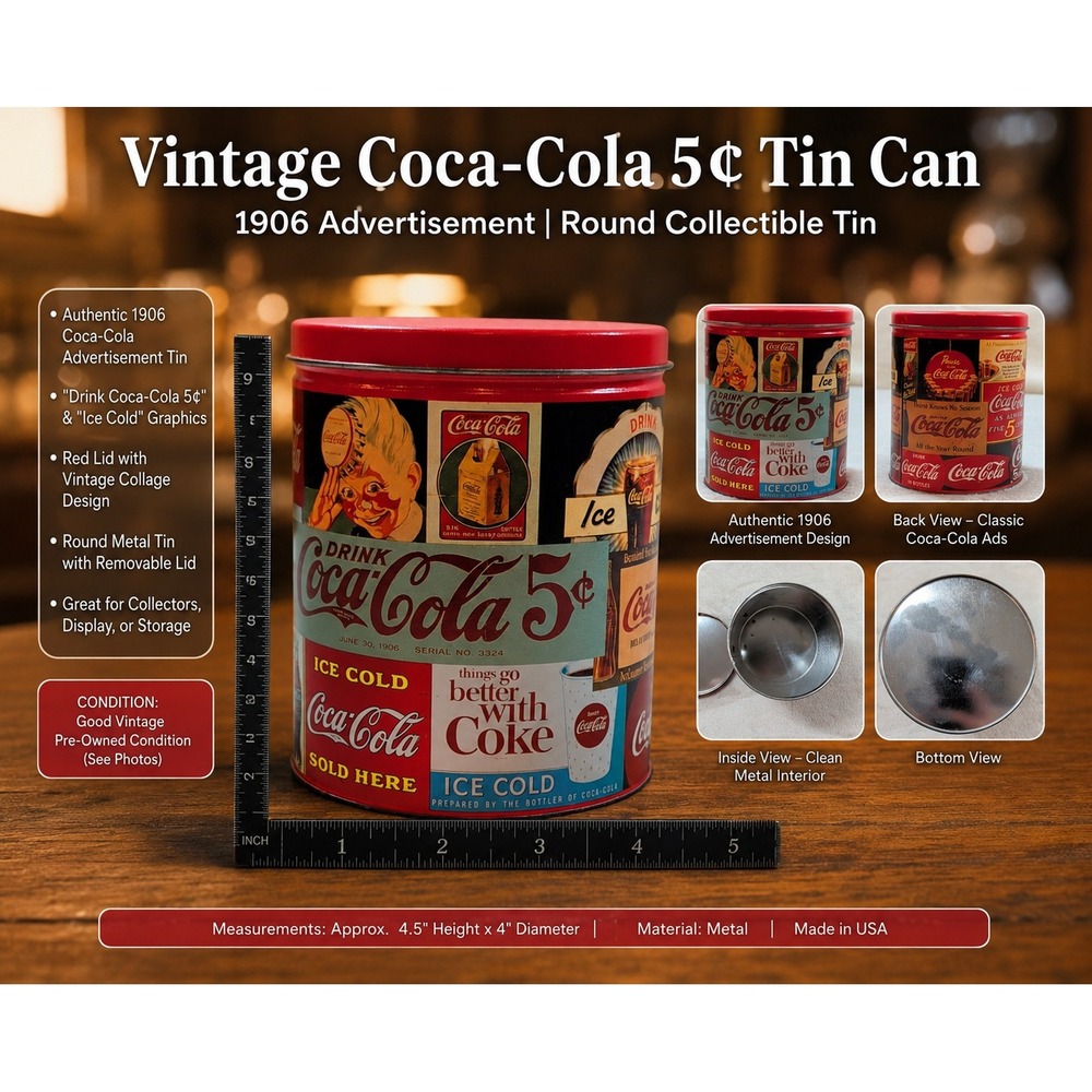 Vtg 1993 Coca-Cola Advertising Collage Tin Canister Red Lid 6 Inch Collectible